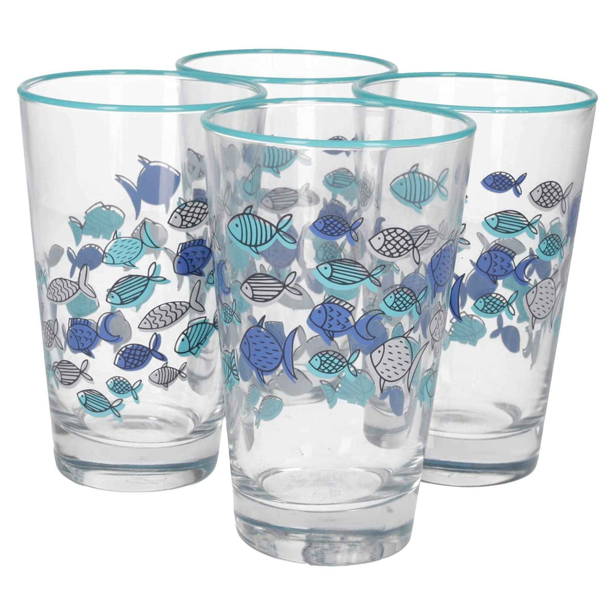 Set of 4 Glass Glasses Decorated with Blue Fish – Elegant Set for the Summer Table