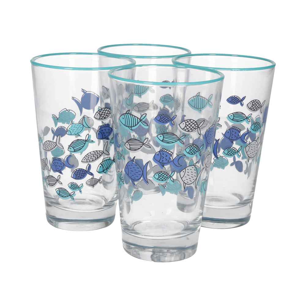 Set of 4 Glass Glasses Decorated with Blue Fish – Elegant Set for the Summer Table