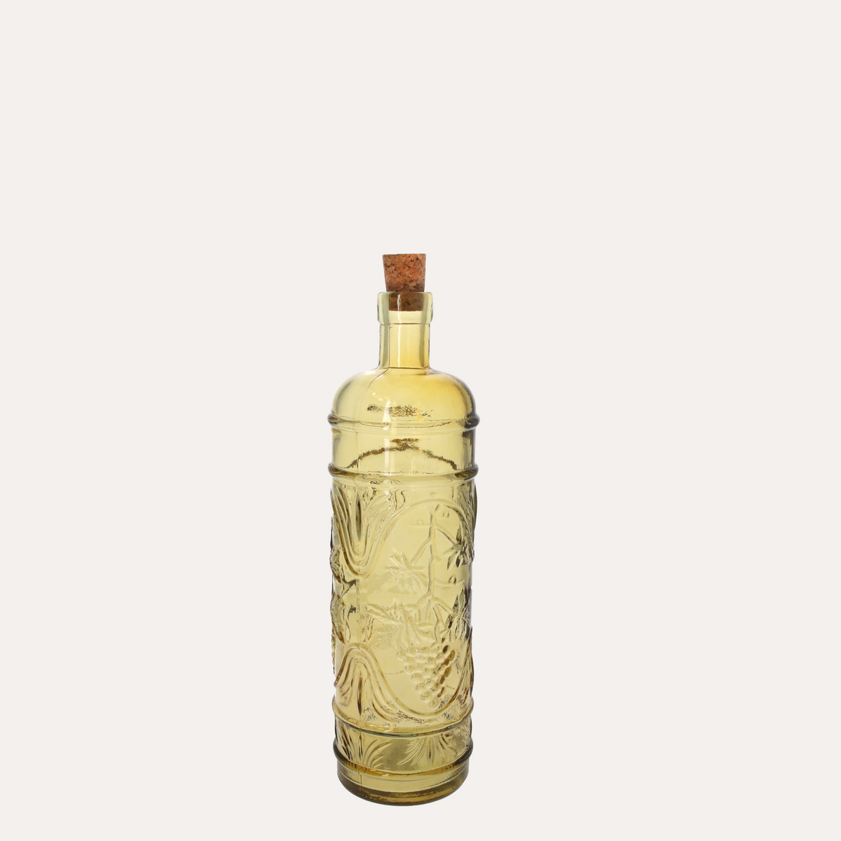 Botella de vidrio amarillo con tapón de corcho Al.30x8 cm