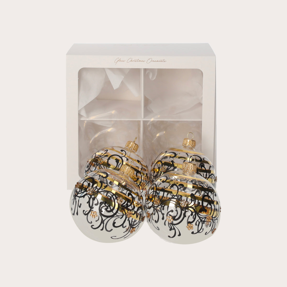 Set di 4 Palline di Natale in Vetro Trasparente con Decorazioni Nere e Oro