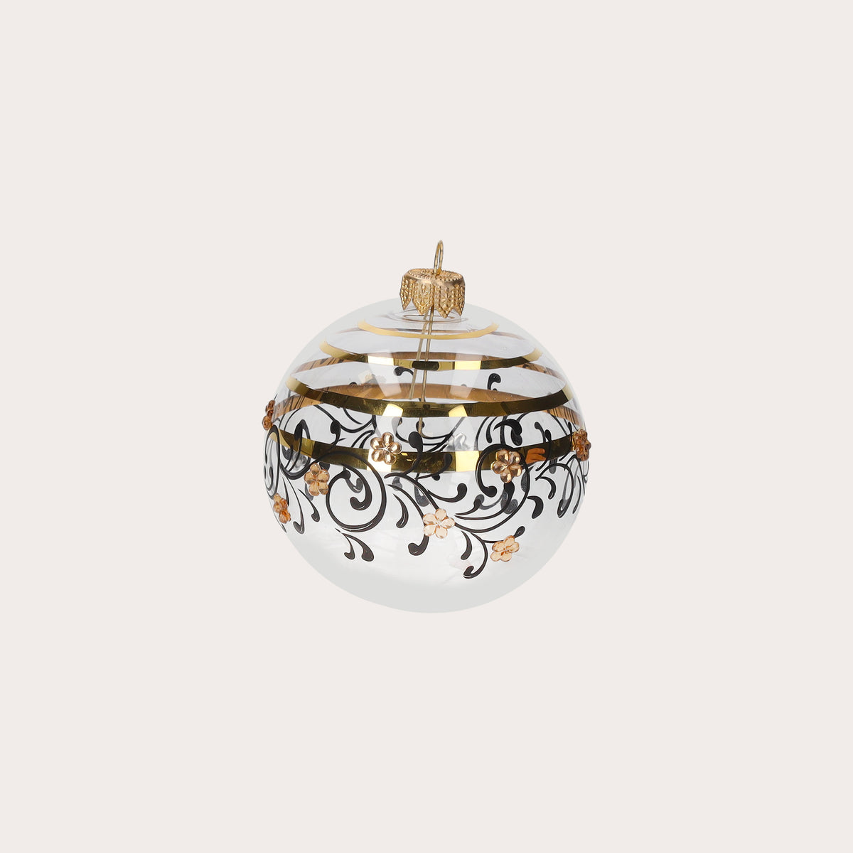 Set di 4 Palline di Natale in Vetro Trasparente con Decorazioni Nere e Oro