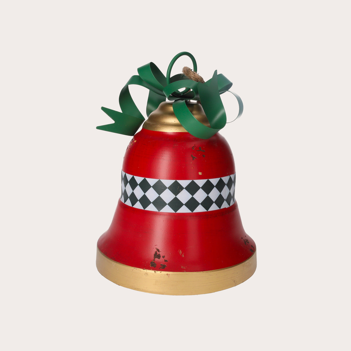 Cloche de Noël en métal rouge avec noeud vert
