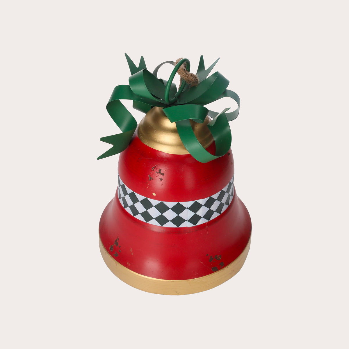 Cloche de Noël en métal rouge avec noeud vert