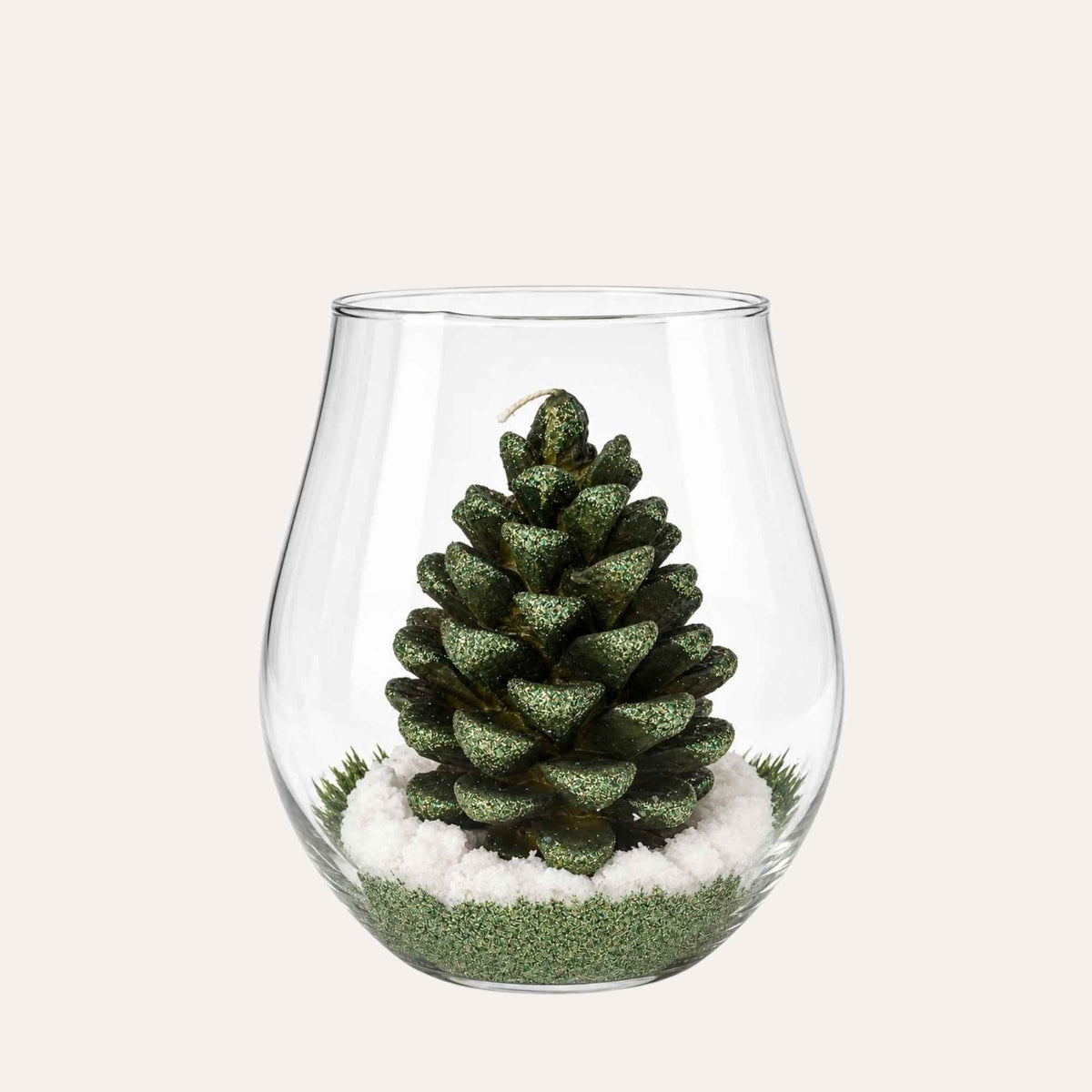 Grüne Tannenzapfenkerze mit Glasgehäuse H.22 T.17 cm