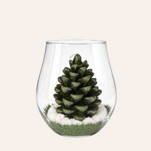 Grüne Tannenzapfenkerze mit Glasgehäuse H.22 T.17 cm