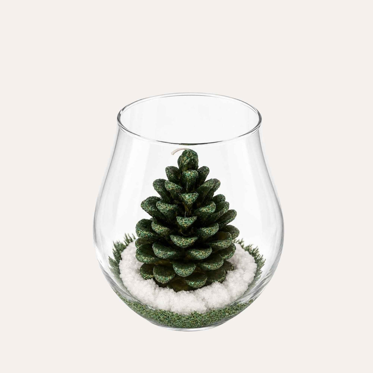 Grüne Tannenzapfenkerze mit Glasgehäuse H.22 T.17 cm