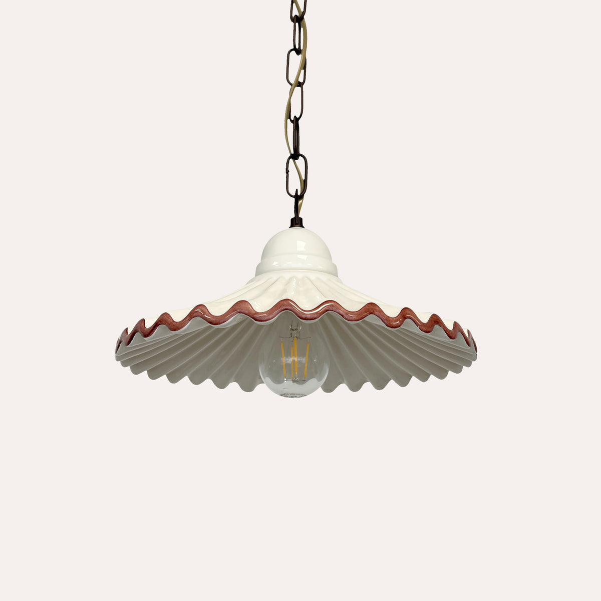 Lampadario Rustico in Ceramica Bianca con Bordo Marrone Ø. 39cm