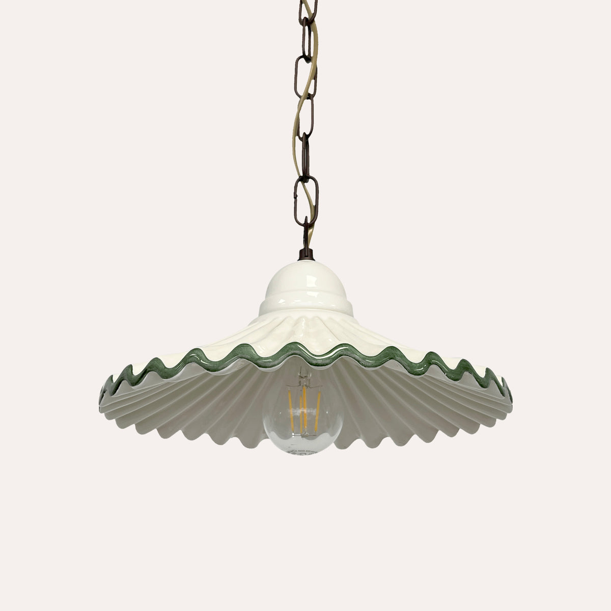 Lampadario Rustico in Ceramica Bianco con Bordo Verde Ø. 39cm