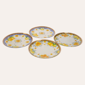 Service of 4 Porcelain Plates Decorated with Lemons and Flowers - Mediterranean Style