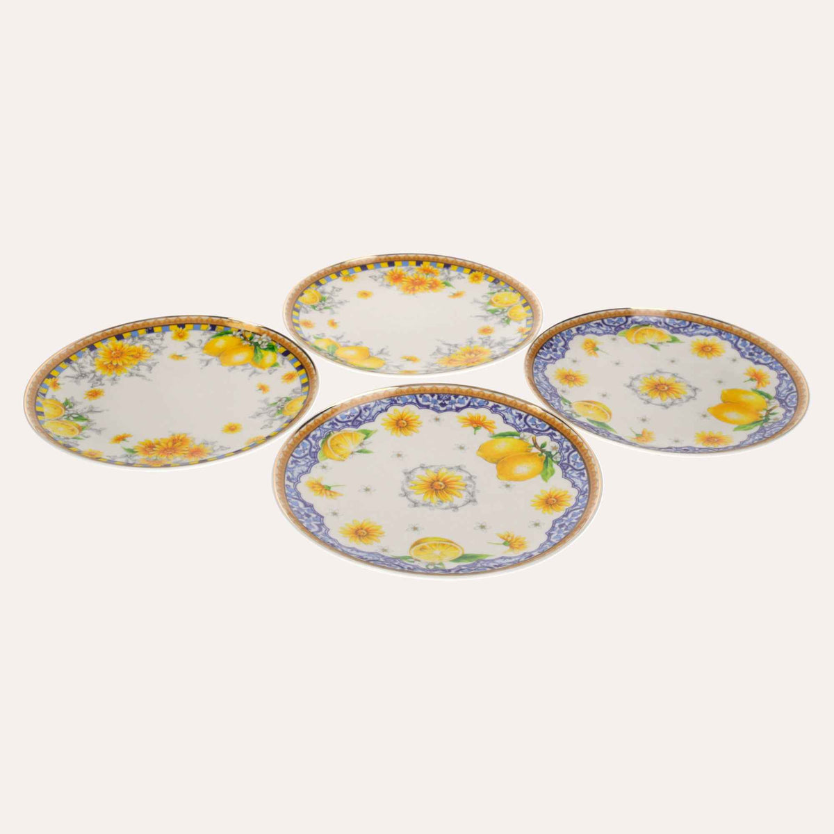 Service of 4 Porcelain Plates Decorated with Lemons and Flowers - Mediterranean Style