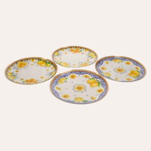 Service of 4 Porcelain Plates Decorated with Lemons and Flowers - Mediterranean Style