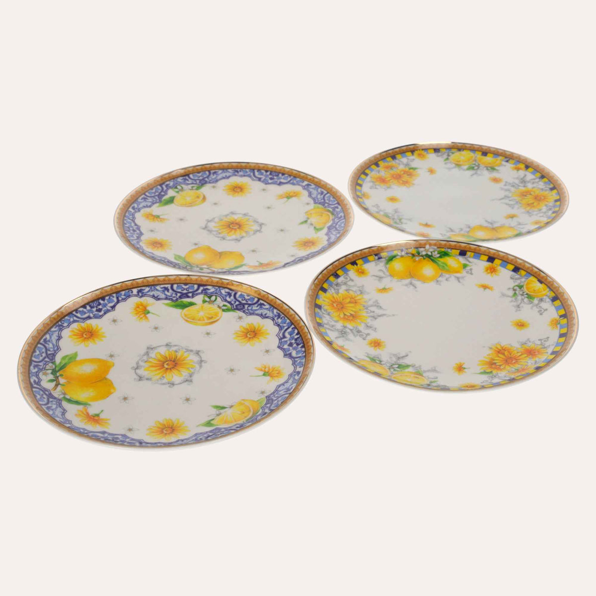 Service of 4 Porcelain Plates Decorated with Lemons and Flowers - Mediterranean Style
