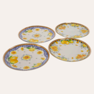 Service of 4 Porcelain Plates Decorated with Lemons and Flowers - Mediterranean Style