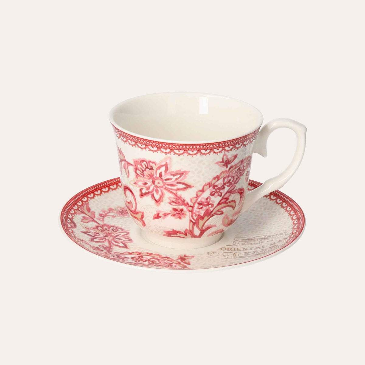 Set 2 Tazze con Piattino in Porcellana Decorata Rosso – Stile Classico