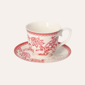 Set 2 Tazze con Piattino in Porcellana Decorata Rosso – Stile Classico