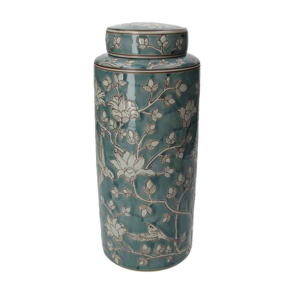 Potiche de Porcelana Verde Marino con Arabescos Blancos
