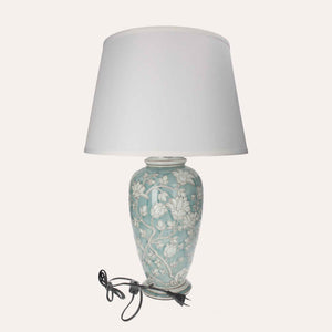 Lampe en céramique vert aigue-marine avec abat-jour blanc
