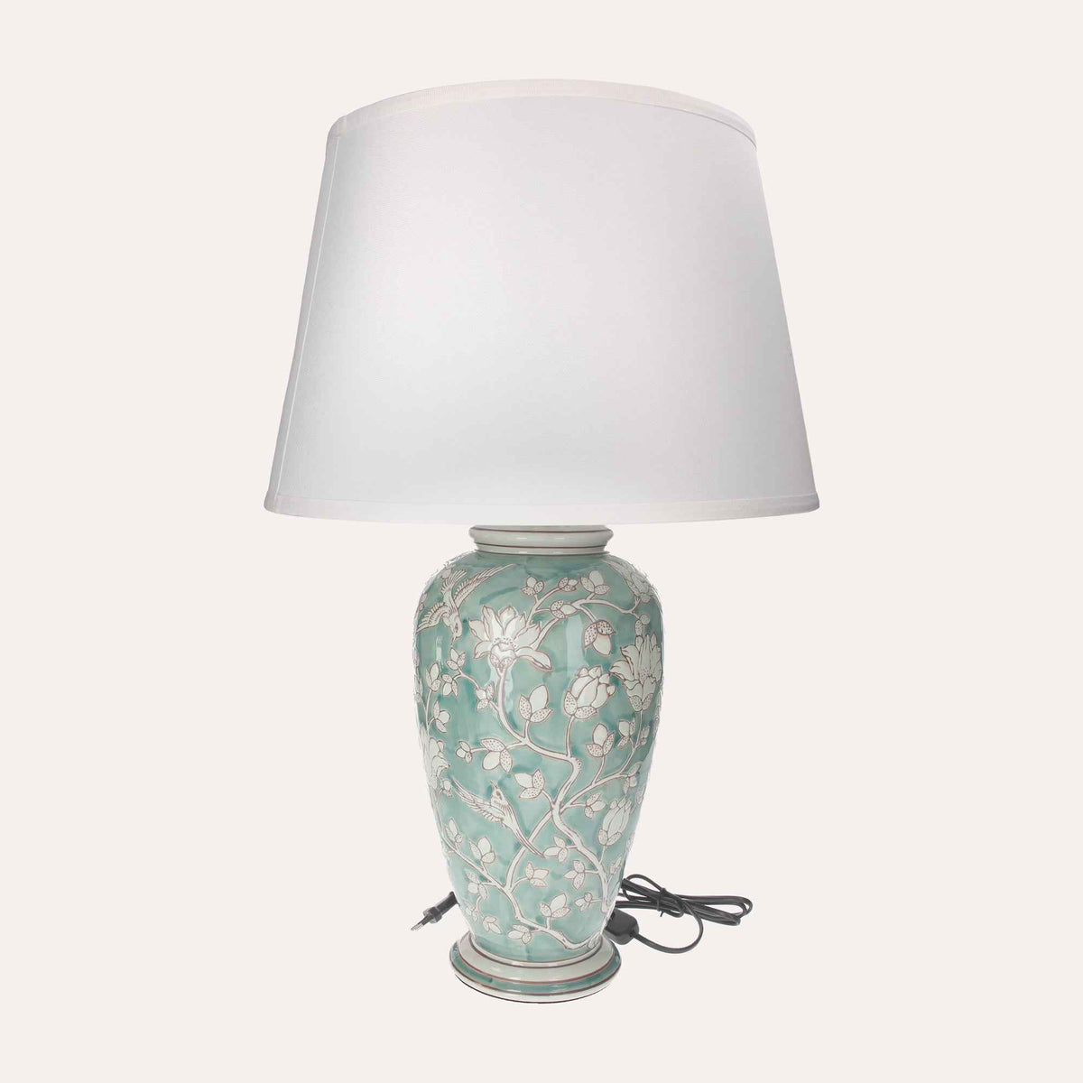 Lampe en céramique vert aigue-marine avec abat-jour blanc