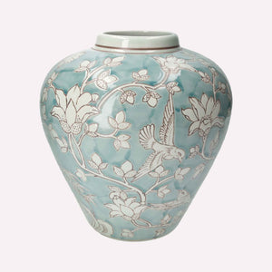 Elegant Vase in Marine Green Porcelain with White Arabesque