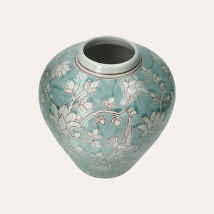 Elegant Vase in Marine Green Porcelain with White Arabesque
