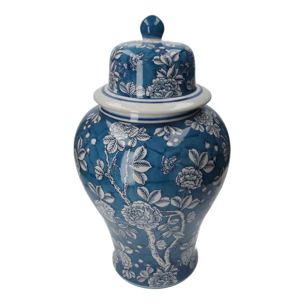 Blaue Potiche aus Porzellan mit weißen Blumen und Schmetterlingen