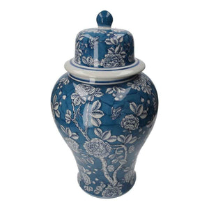 Blaue Potiche aus Porzellan mit weißen Blumen und Schmetterlingen