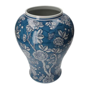 Blaue Potiche aus Porzellan mit weißen Blumen und Schmetterlingen