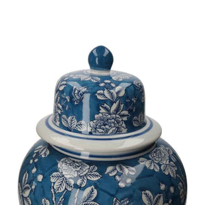 Blaue Potiche aus Porzellan mit weißen Blumen und Schmetterlingen
