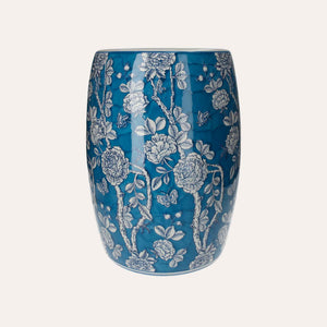 Porcelain pouf decorated with white flowers and butterflies