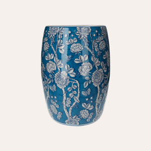 Porcelain pouf decorated with white flowers and butterflies