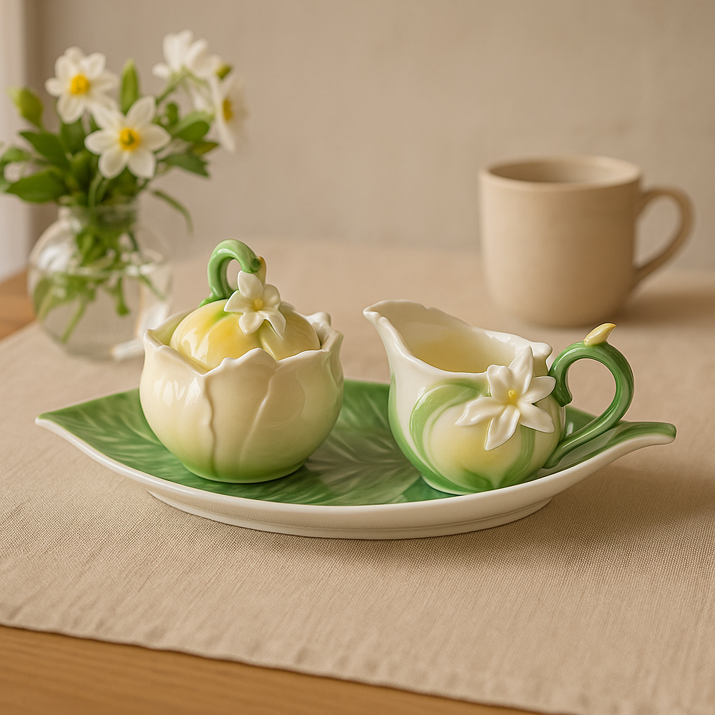 Juego de azucarero y lechera de porcelana decorados con flores.