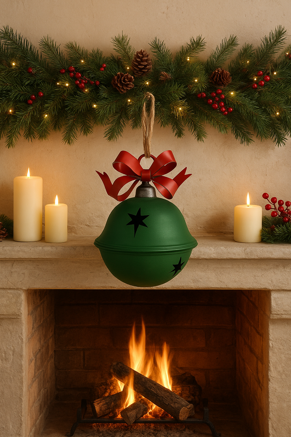 Grüne Weihnachtsglocke aus Metall mit roter Schleife