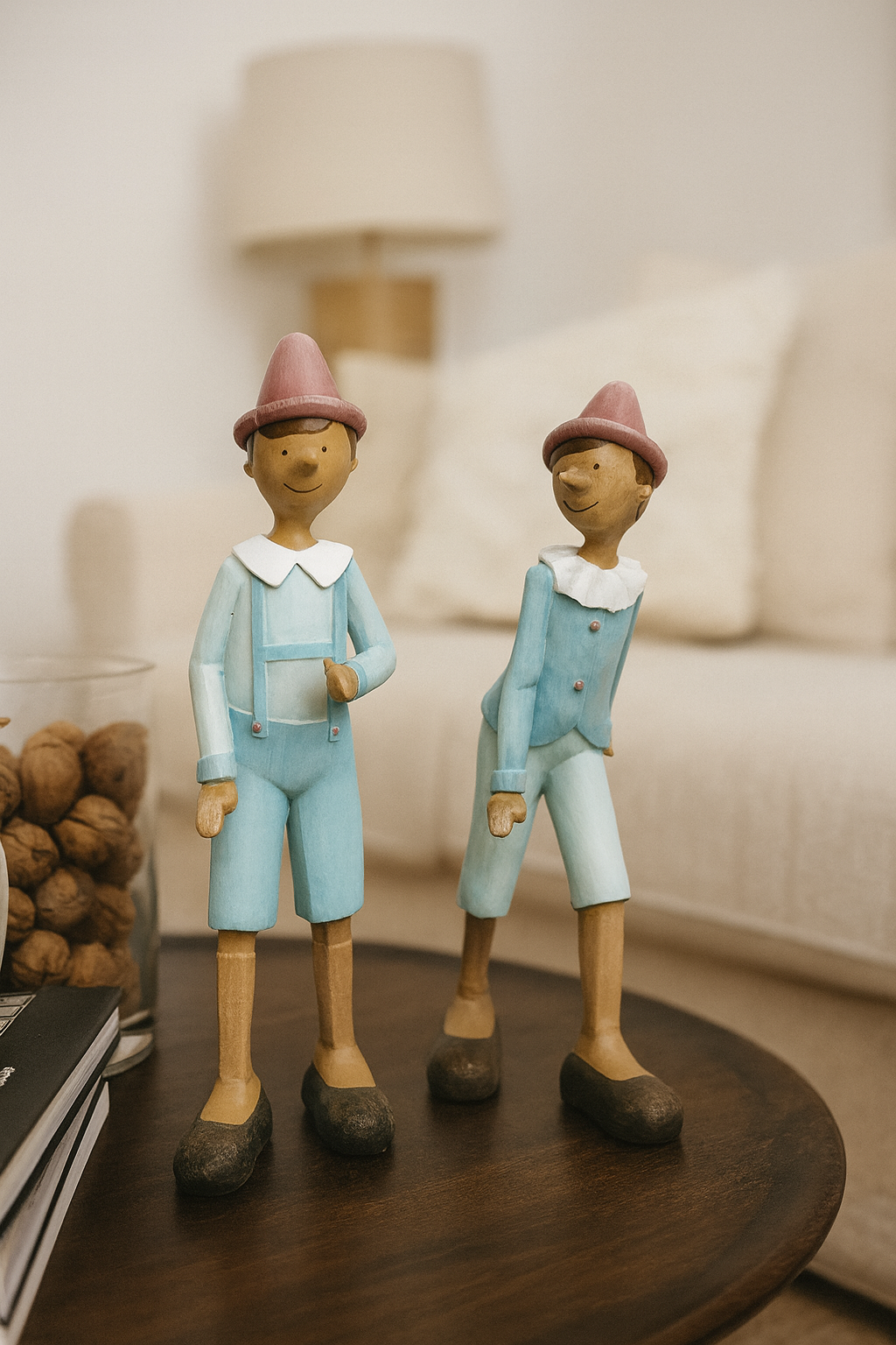 Coppia Statuine Pinocchio in Resina Azzurro H. 29 cm