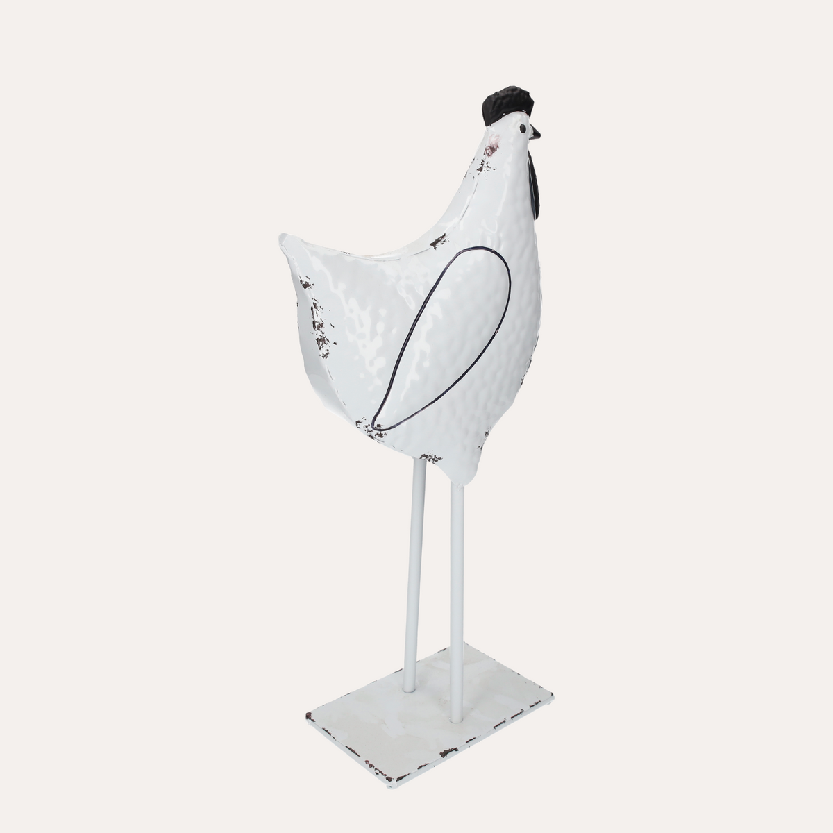 Gallo Decorativo in Latta Bianco e Nero Decapato H48x17x11 cm