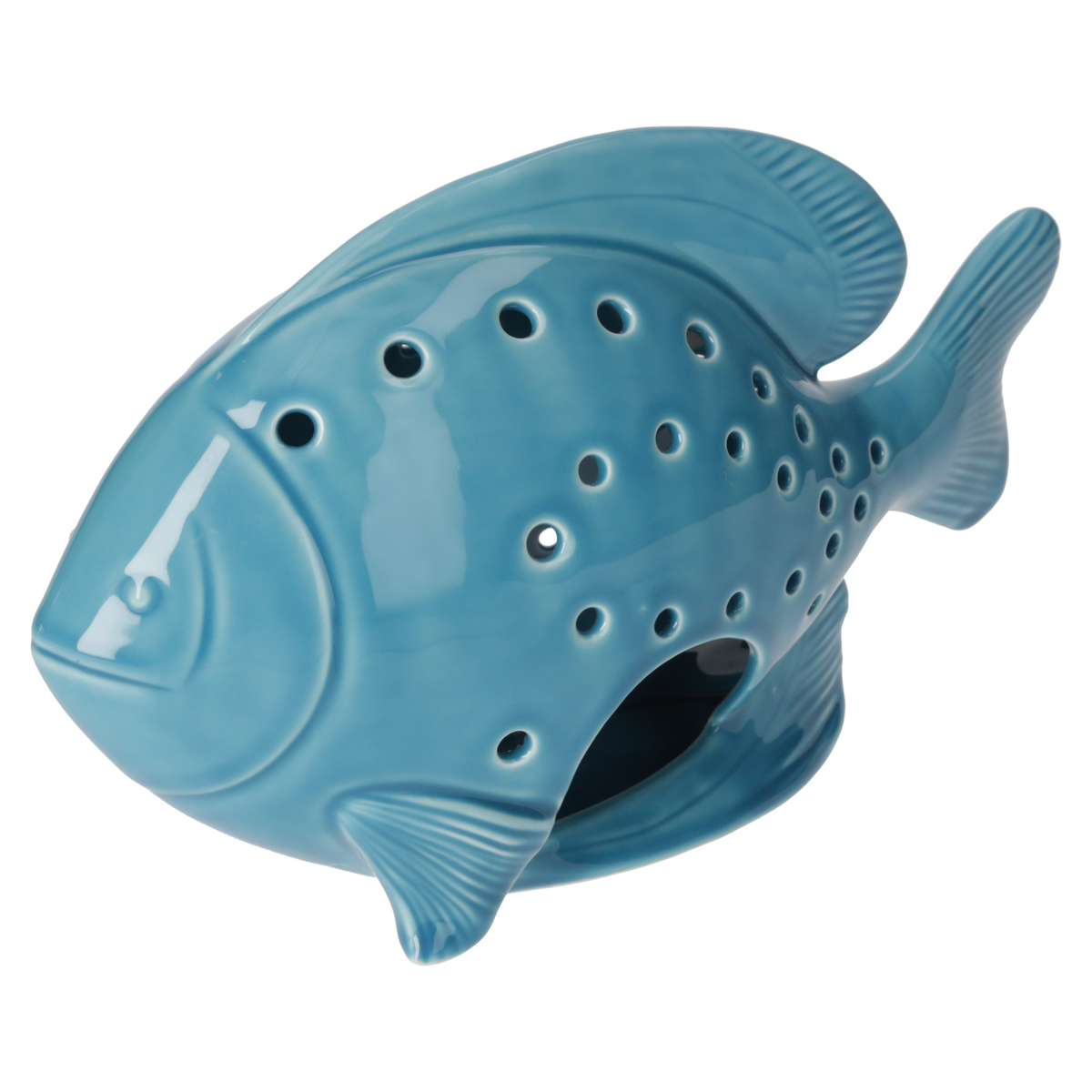 Statuina Portacandela Pesce in Ceramica Lucida Traforata