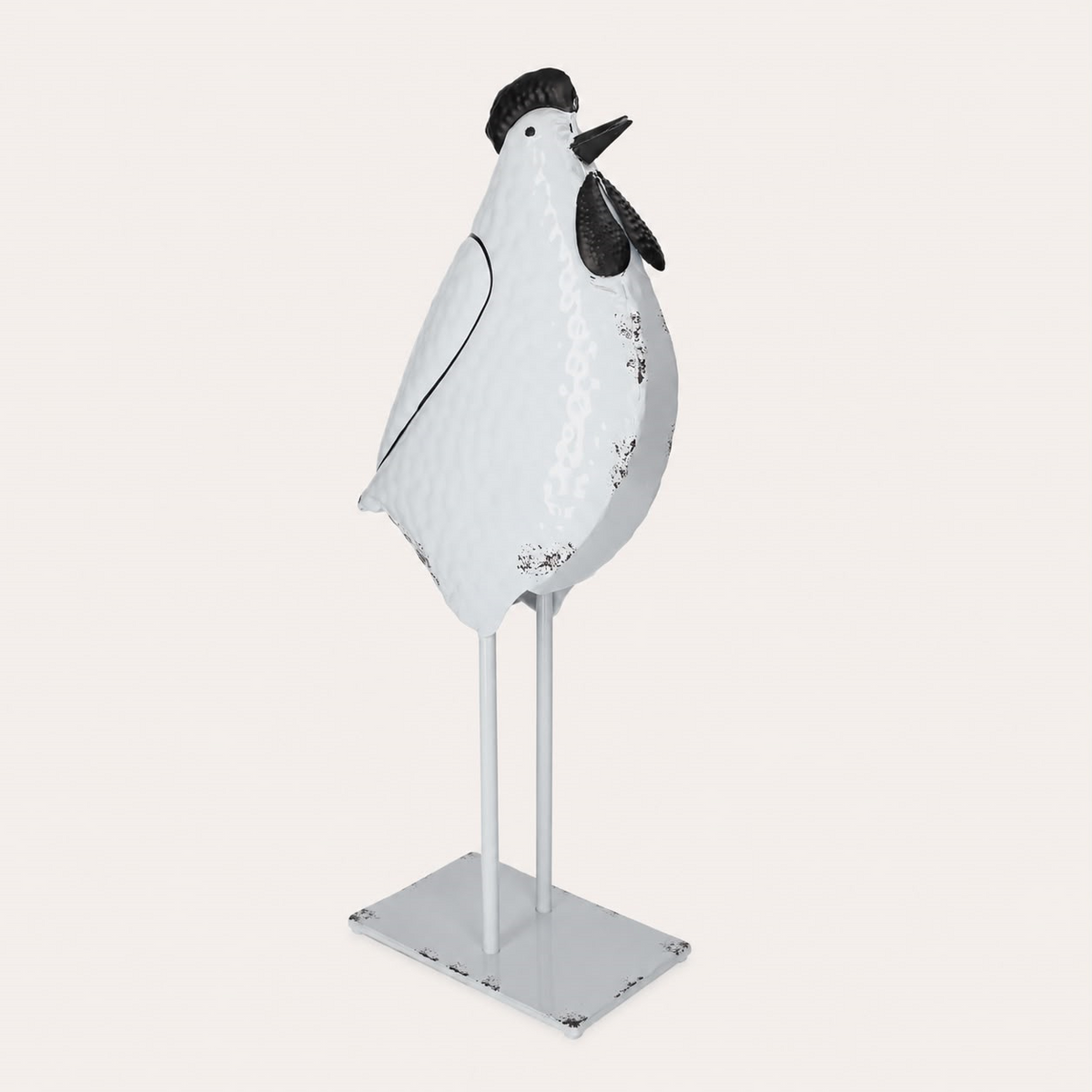 Gallo Decorativo in Latta Bianco e Nero Decapato H48x20x11 cm