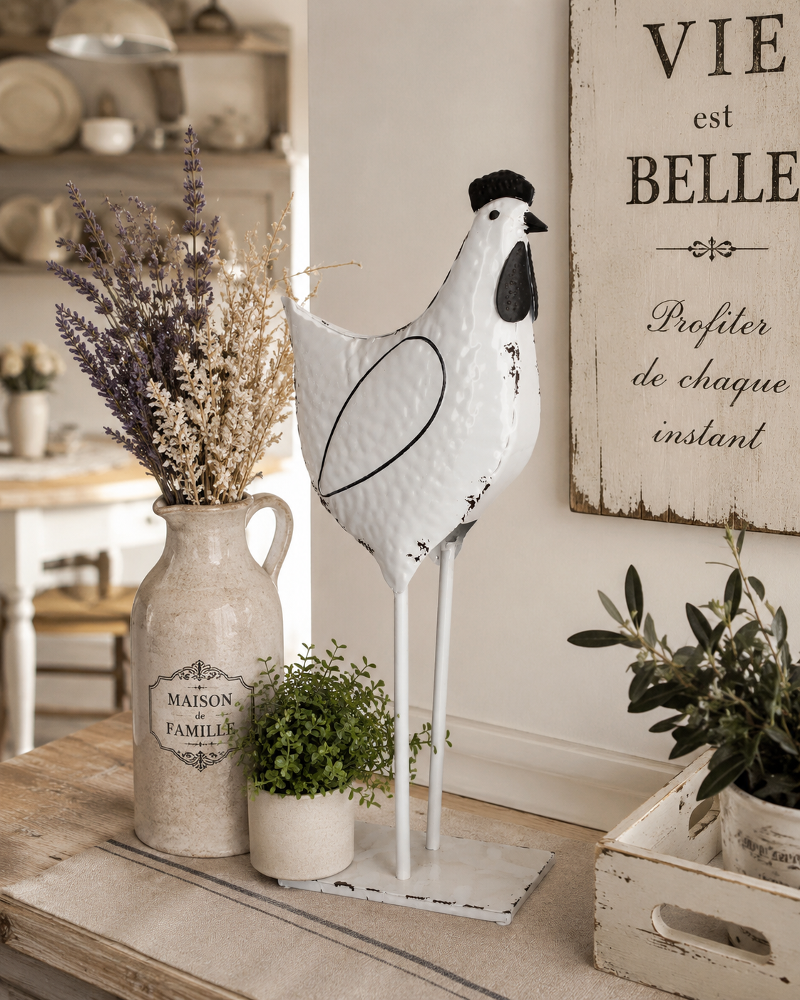 Gallo Decorativo in Latta Bianco e Nero Decapato H48x17x11 cm