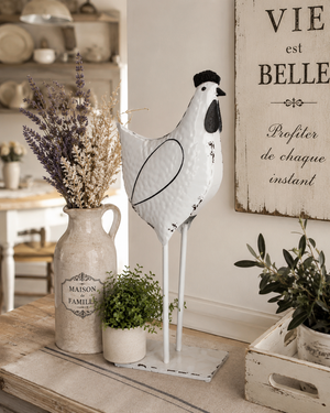 Gallo Decorativo in Latta Bianco e Nero Decapato H48x17x11 cm