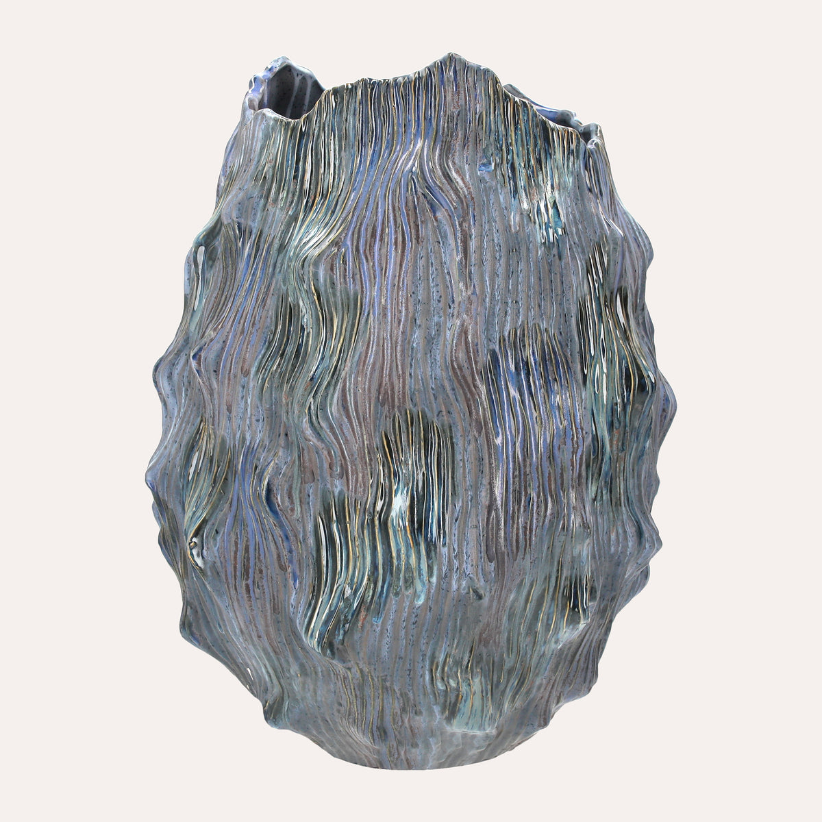 Jarrón grande efecto ondas de cerámica azul Alt. 50 cm