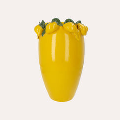 Gelbe Keramikvase mit Zitronenfruchtdekorationen