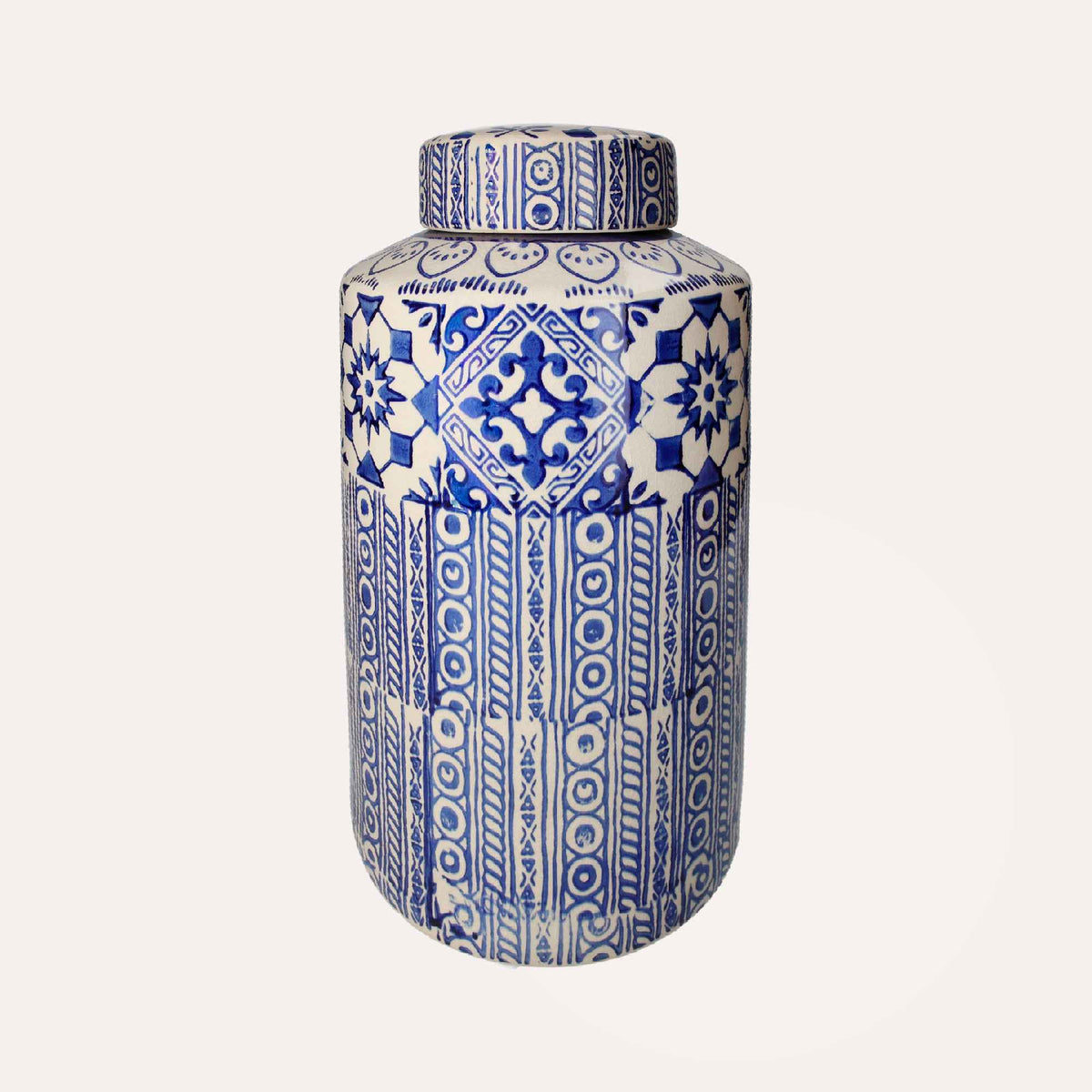 Potiche elegante de cerámica beige con adornos azules