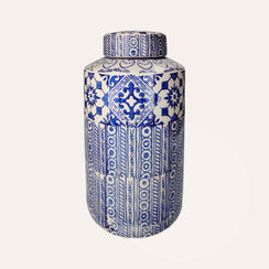 Elegante Potiche em Cerâmica Bege com Decorações Azuis