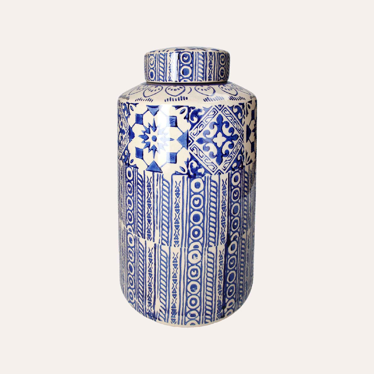 Potiche elegante de cerámica beige con adornos azules