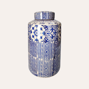 Potiche elegante de cerámica beige con adornos azules