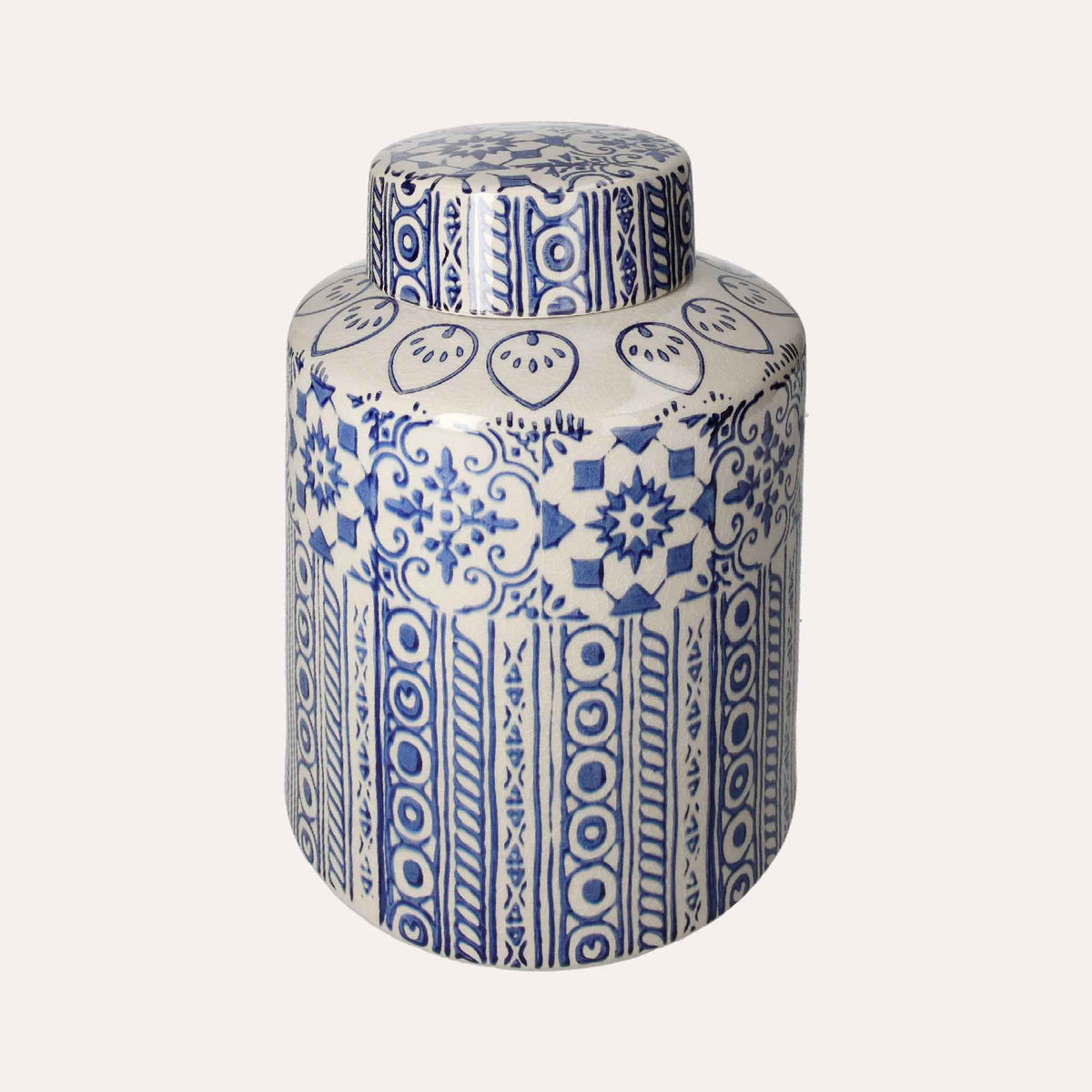 Élégante Potiche en Céramique Beige à Décors Bleus