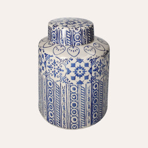 Élégante Potiche en Céramique Beige à Décors Bleus