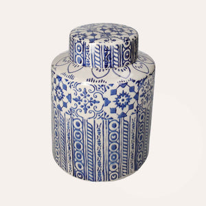 Élégante Potiche en Céramique Beige à Décors Bleus