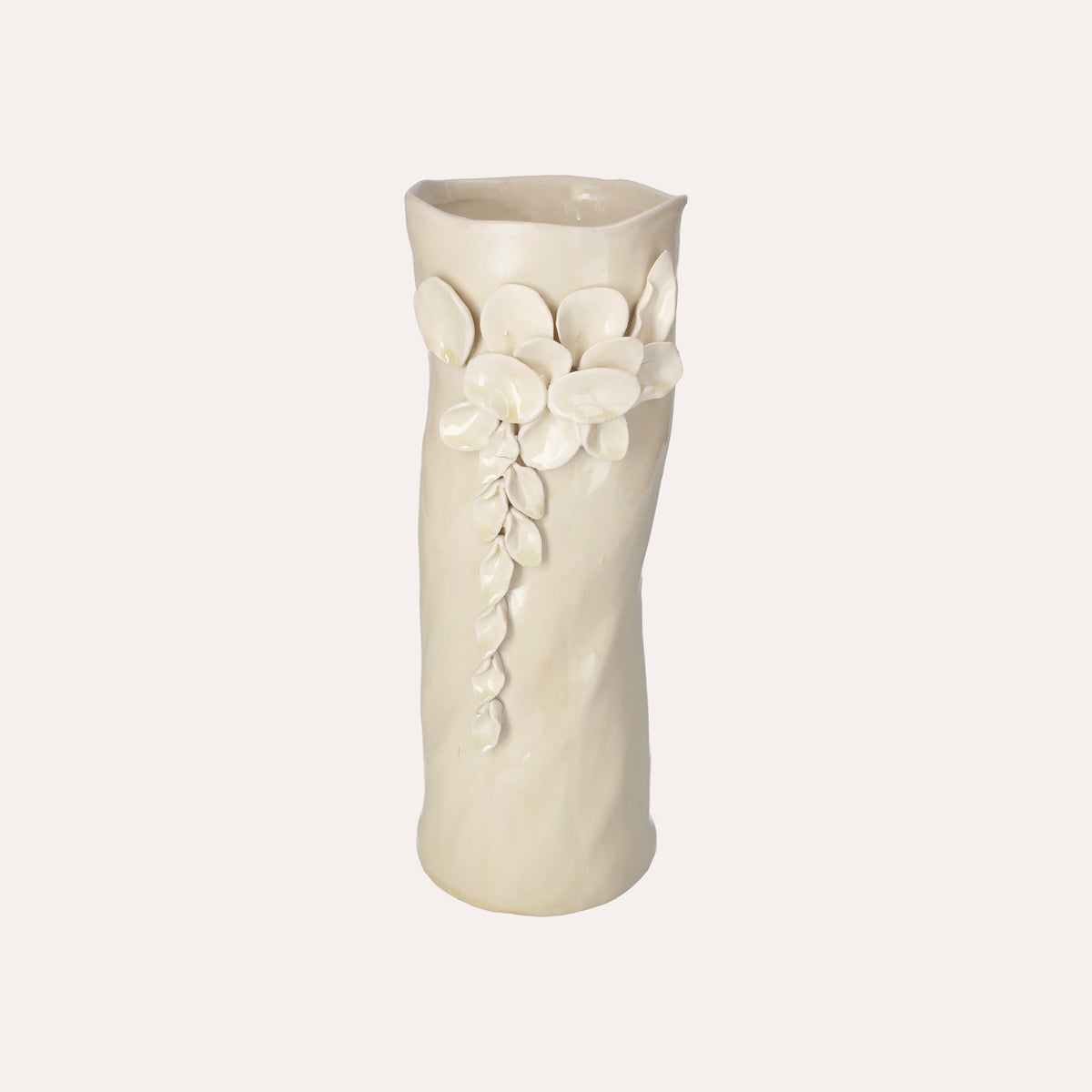 Sand-colored Cylindrical Ceramic Vase with Petal Decorations - h. 34cm