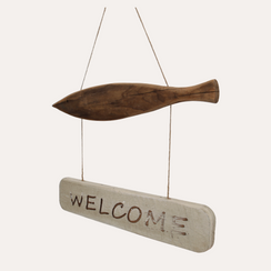 Geschnitzter „Welcome“-Fisch aus Holz zum Aufhängen, 40×2×65H
