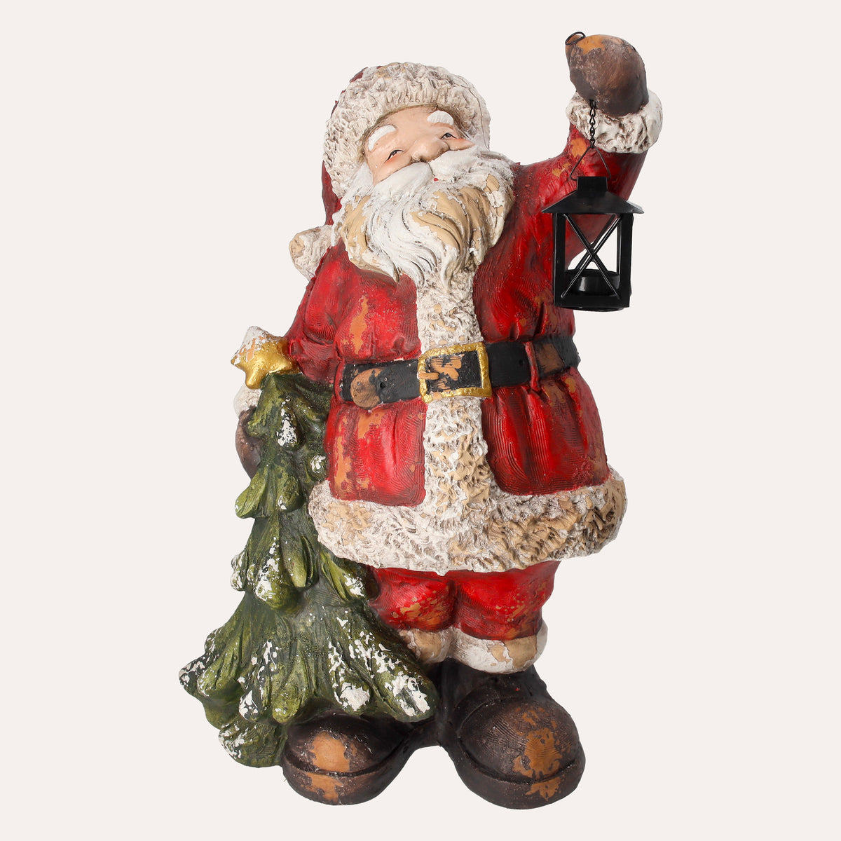 Statua Babbo Natale con Pino e Lanterna in Resina 63x40x24 cm